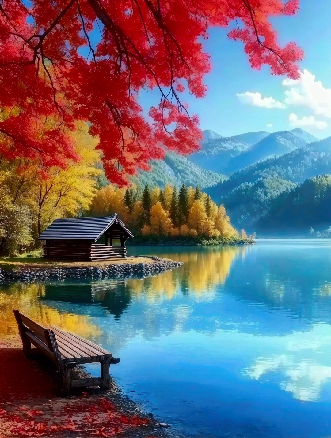 There is a bench by the lake, natural scenery, pretty lake background, Nature Wallpapers, Landscape Wallpaper, 、Colorful environment, nature's beauty, stunning nature in background, Very beautiful scenery, pretty lake, really Beautiful nature, The beauty of natural landscape, very very Very beautiful scenery, Beautiful nature, very Very beautiful scenery, The colors are brilliant and rich