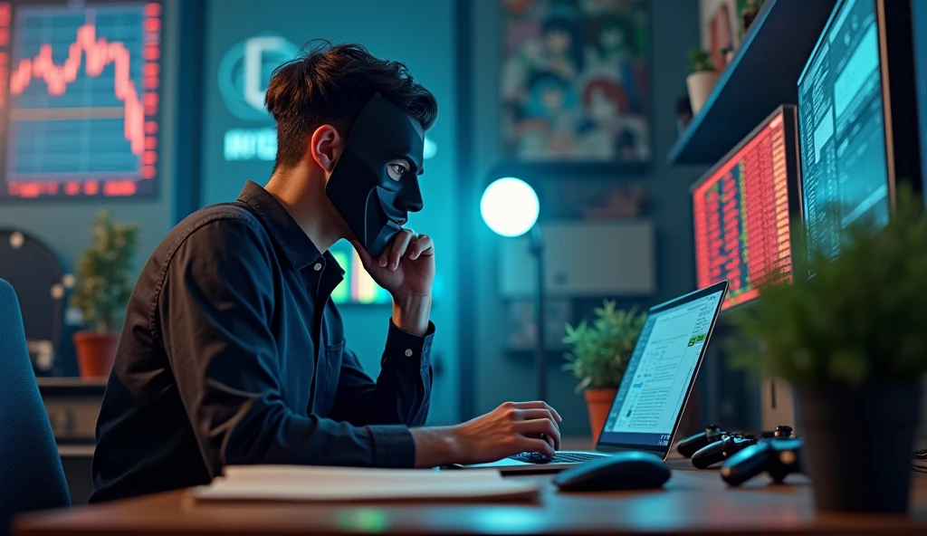 A photo of a man wearing a mask , sitting at a table. The table has a laptop, a book, and a cup. The background contains a stock market screen, anime posters, and gaming controllers.