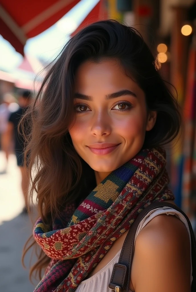 A beautiful young woman of mixed French and Bolivian heritage. She has light brown skin with a warm, sun-kissed tone, and wavy, dark brown hair that falls just below her shoulders. Her eyes are a striking hazel with a touch of green, reflecting both her European and Andean roots. She has a soft, oval face with high cheekbones, a delicate nose, and a warm, not smile. She’s wearing a colorful, traditional Bolivian textile scarf over a casual, modern outfit, blending both cultures seamlessly. The background shows a vibrant market scene with a mix of French and Bolivian elements, face profile, front on the camera. Zoom photographic