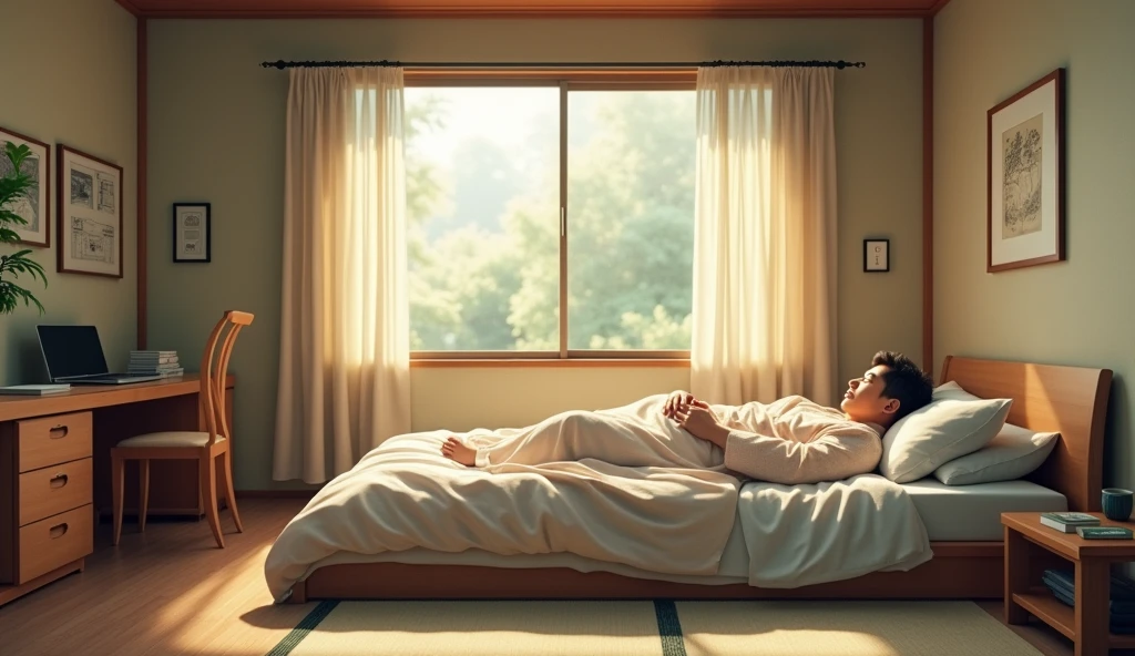 A Japanese salaryman waking up in a bedroom. The scene is realistic, with morning light streaming into the room. The salaryman is not wearing a suit but casual pajamas or loungewear as he wakes up. The background features a simple Japanese-style bedroom with a natural, lived-in feel