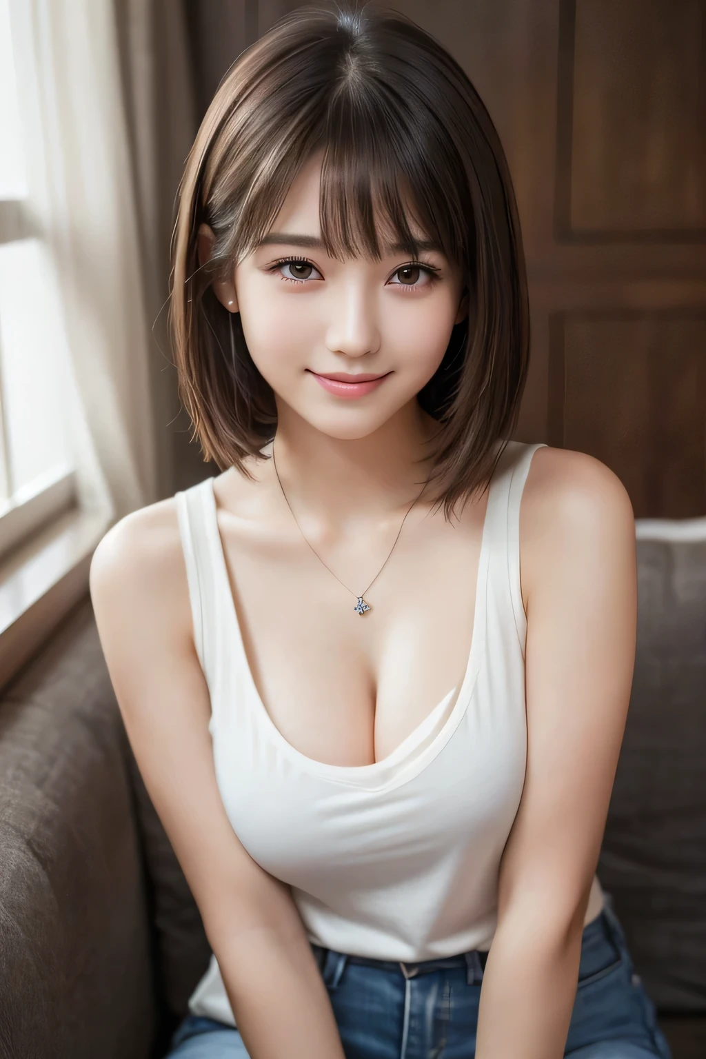 girl, White skin, Dark brown short tiered hair, V cut with layers and bangs, Brown eyes, Soft atmosphere characteristics (Highest quality, Ultra-high resolution, 8K, RAW Photos, Ultra-high resolution: 1.2, masterpiece: 1.3), (Realistic, Realistic: 1.37), Very detailed, Professional Lighting, Photon Mapping, Radio City, Physically Based Rendering, One Girl, high school girl, Sharp focus:1.2、Beautiful woman:1.4,cute, Nice, Adorable, smile, Normal chest, jeans,Tank top,Selfie,necklace,Large Breasts:1.5,