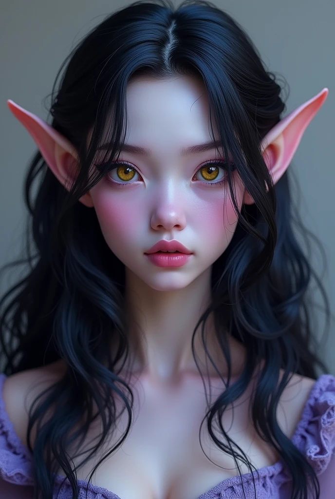 Oval shaped face, light purple skin color woman, wavy long black hair, yellow eyes, long eyelashes, small nose, narrow chin, full lips, long elf ears, small forhead, front view