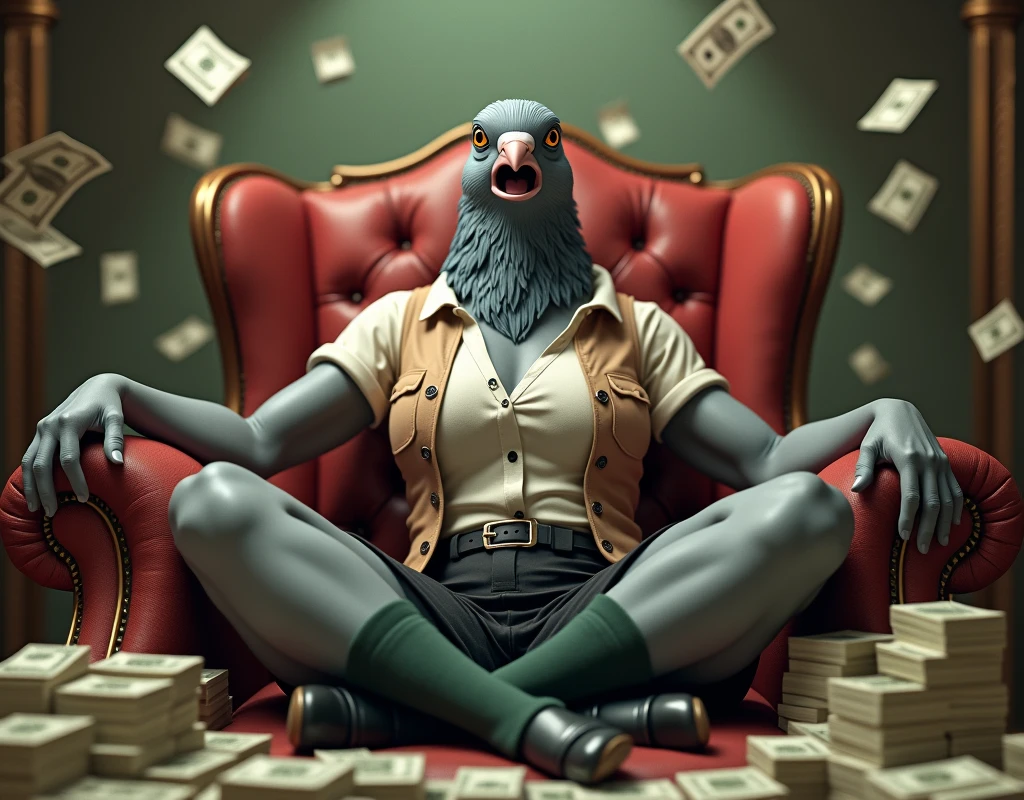 ((Highest quality)), ((masterpiece)), (photograph), (front), (Short sleeve),(Crossing one's limbs),A grey female pigeon with her mouth open is wearing an off-white collared short-sleeved shirt, a light brown vest, a knee-length black skirt, dark green socks and black shoes.、He is sitting cross-legged in a plush chair with his arms outstretched、Surrounded by a lot of money, bills flying around、A stack of bills that covered the lower half of the body、Muscular grey female pigeon、photographのようなリアルな画像。