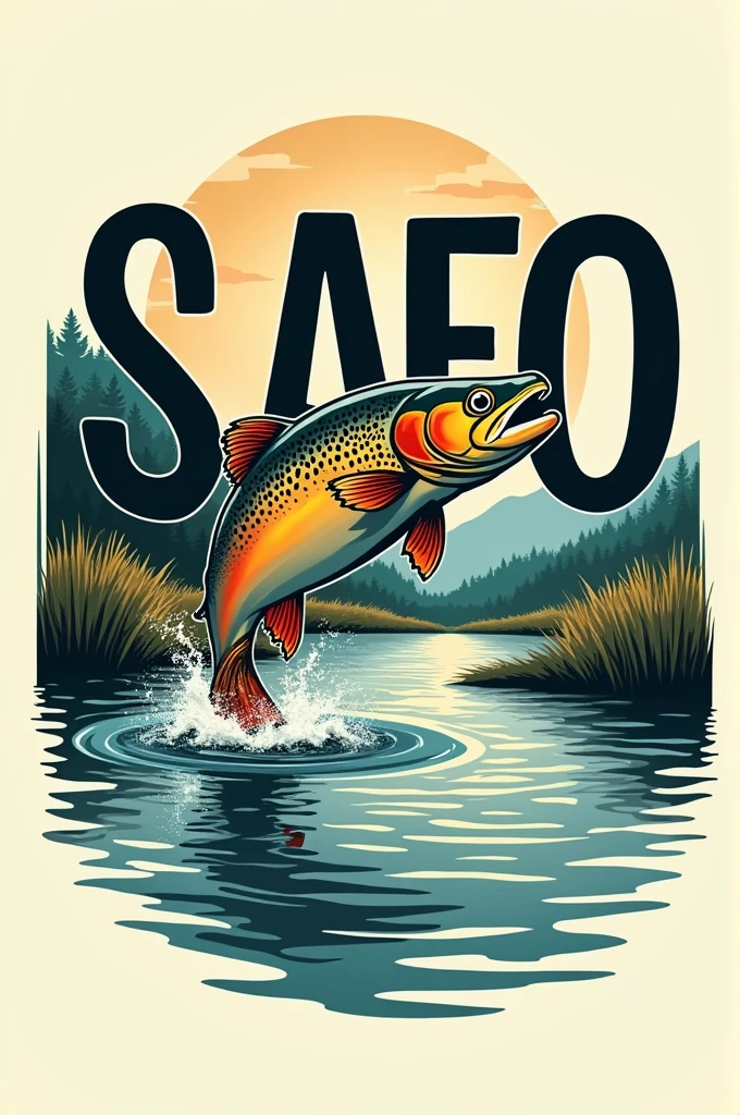 Logo of a fishing club with the acronym SAFO, a trout jumping out of the water, a shallow river, Retro style