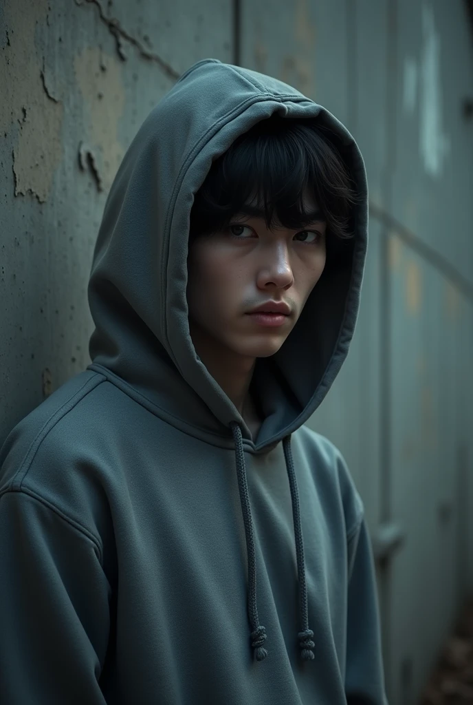 a person with black hair wearing a gray hoodie, cowboy shot, looking away, outdoors, wall, black eyes, (best quality,4k,8k,highres,masterpiece:1.2),ultra-detailed,(realistic,photorealistic,photo-realistic:1.37),detailed facial features,highly detailed,digital painting,cinematic lighting,dramatic shadows,moody atmosphere, male