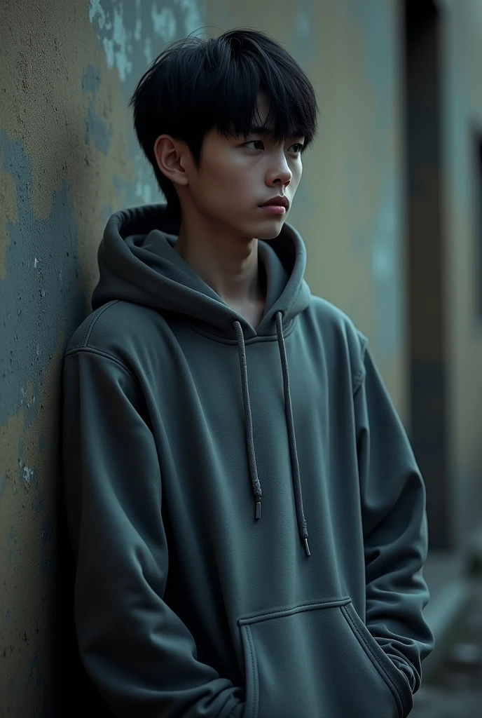 a person with black hair wearing a gray hoodie, cowboy shot, looking away, outdoors, wall, black eyes, (best quality,4k,8k,highres,masterpiece:1.2),ultra-detailed,(realistic,photorealistic,photo-realistic:1.37),detailed facial features,highly detailed,digital painting,cinematic lighting,dramatic shadows,moody atmosphere, male
