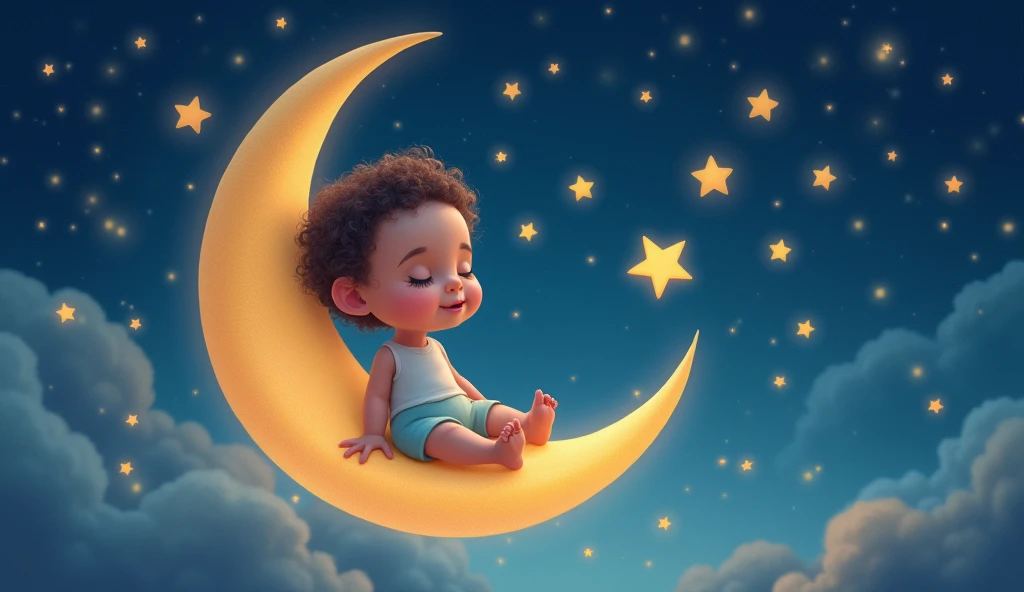 a child listens to a lullaby and sits tenderly on a crescent moon in a fairytale space, and there are many stars around, cartoon child sleeps with eyes closed