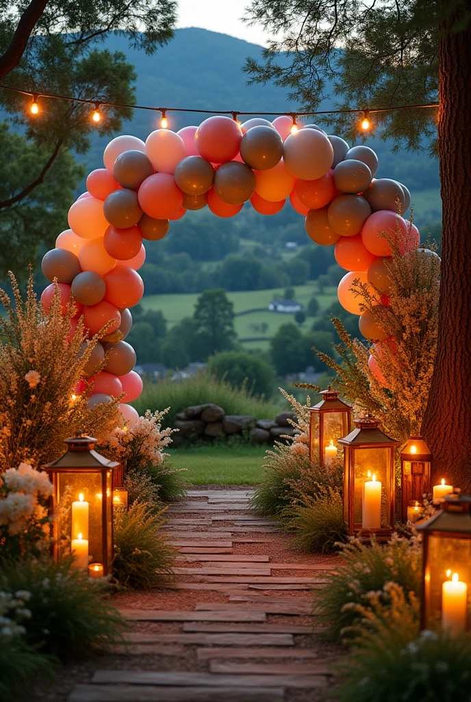 Décors de mariage champêtre avec une arche de ballons et beaucoup de lumières