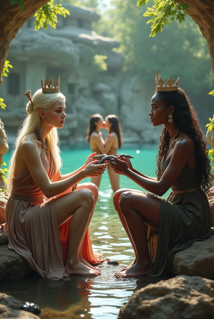 white skinned russian imperial queen with dark skinned daughter, and dark skinned african tribal queen with pale white skinned daughter,stone age, both have a similar build, both are sitting with their feet wide open and the soles of their feet touching ,beside a lake, both their faces have a angry frown , stabbing eachother with a ornate knives in their hands while their daughters are in the distance kissing in the lake