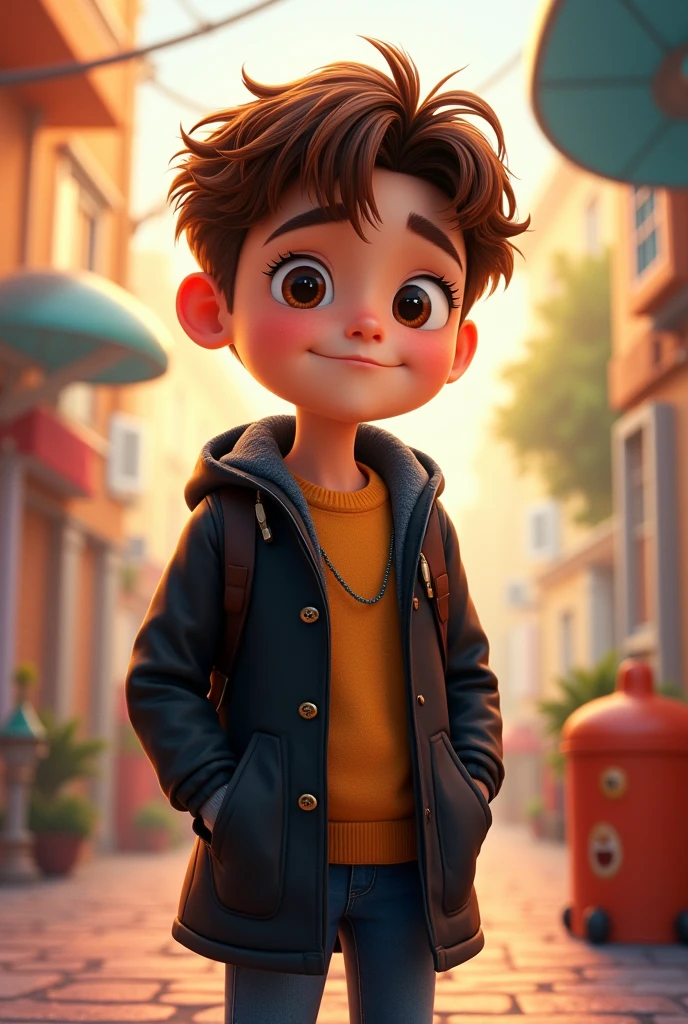 Create a Disney Pixar poster for light skin brown hair brown eyes black coat jeans