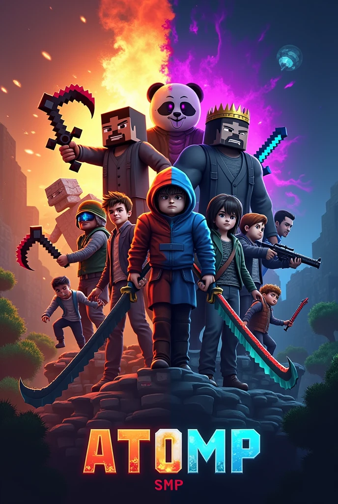 Make a poster where on one side of the poster is the poster of the normal world of Minecraft and on the other side is the poster of the end world of Minecraft, and from the normal world there is a person with two bloody scythes and Assassin's clothes, a boy with a blue hoodie and a big blue sword in his hand and A man in a sausage suit and a king's crown and a panda man with a gun and a smiling man and a boy with stone gloves and on the other side of the poster at the end of the Endermen's strange entities and a man with one purple eye and a A muscular man in a vest and a man in a sausage suit wearing a king's crown and under the poster with large and attractive text that can be seen in the first line ATOM and in the second line SMP