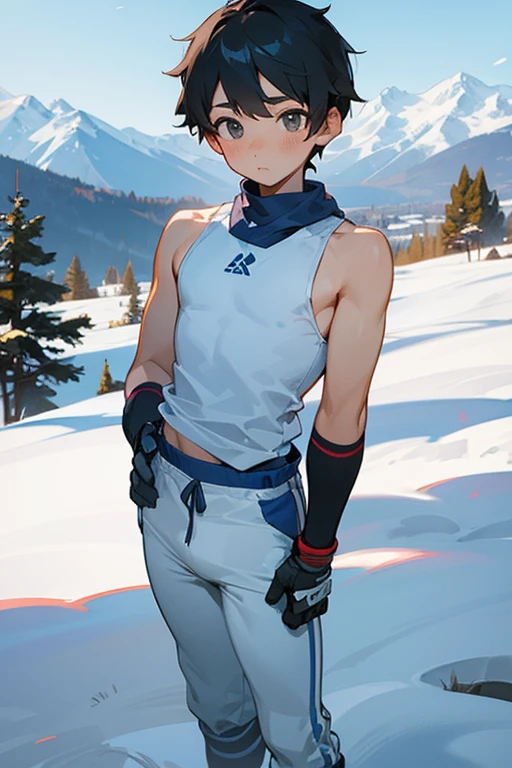 Snowy mountains in the background、An elementary school boy standing wearing a tight white racerback tank top、The sleeve opening of the tank top is wide、tall、Handsome、The navel is slightly visible、There's snow on my shoulders