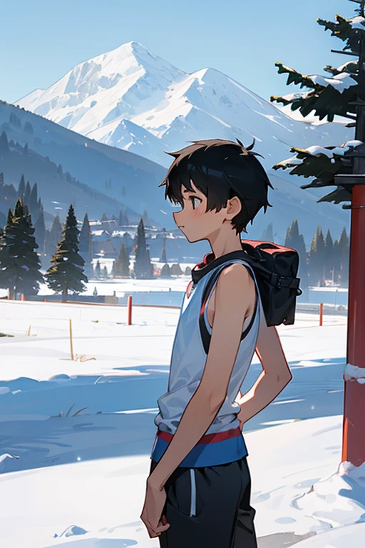 Snowy mountains in the background、An  standing wearing a tight white Y-back tank top