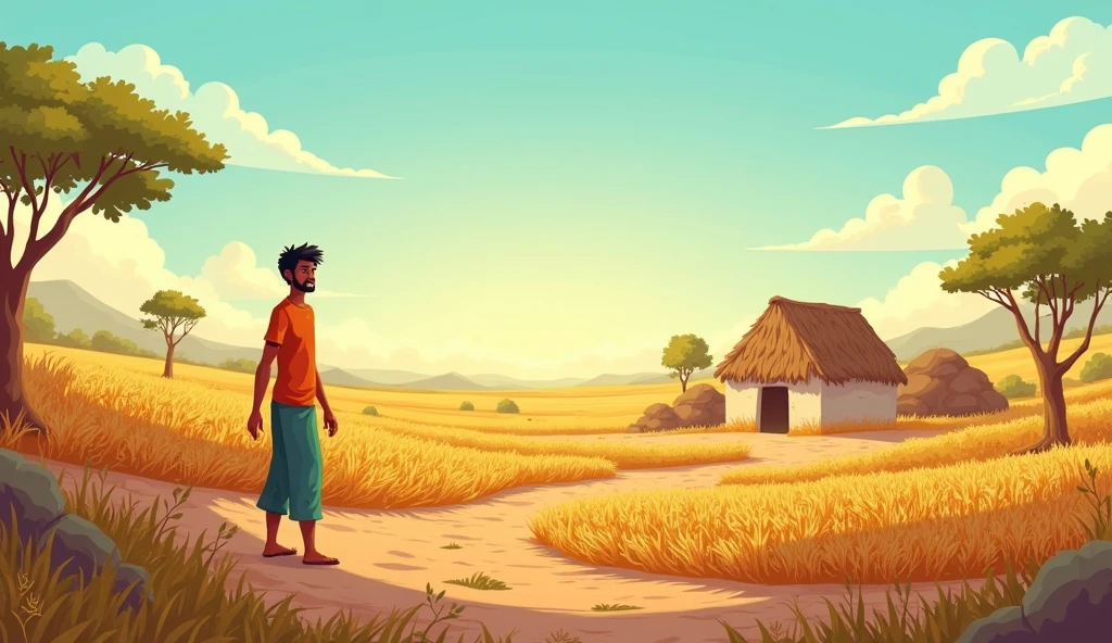 One year, there was a severe drought in the village. This drought dried up the fields, depleted the water sources, and badly affected the economic condition of the people of the village. Suraj put in all his efforts in the fields, but the drought rendered his hard work futile. The crops died cartoon image
