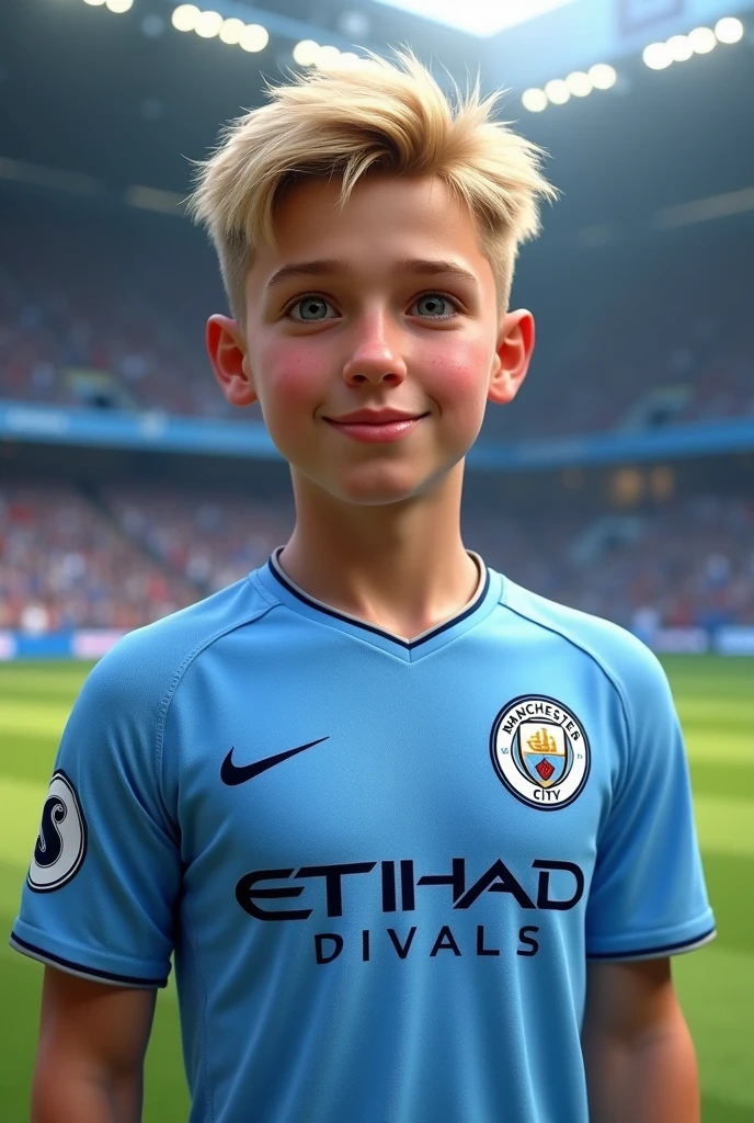 Erling haaland with short blonde hair in mancity jersey
It's to serious. With little laugh.with no Beard .young like 22 years of age.only showing face and Jersey.nose are little big and engage him in football game. Put background of football stadium