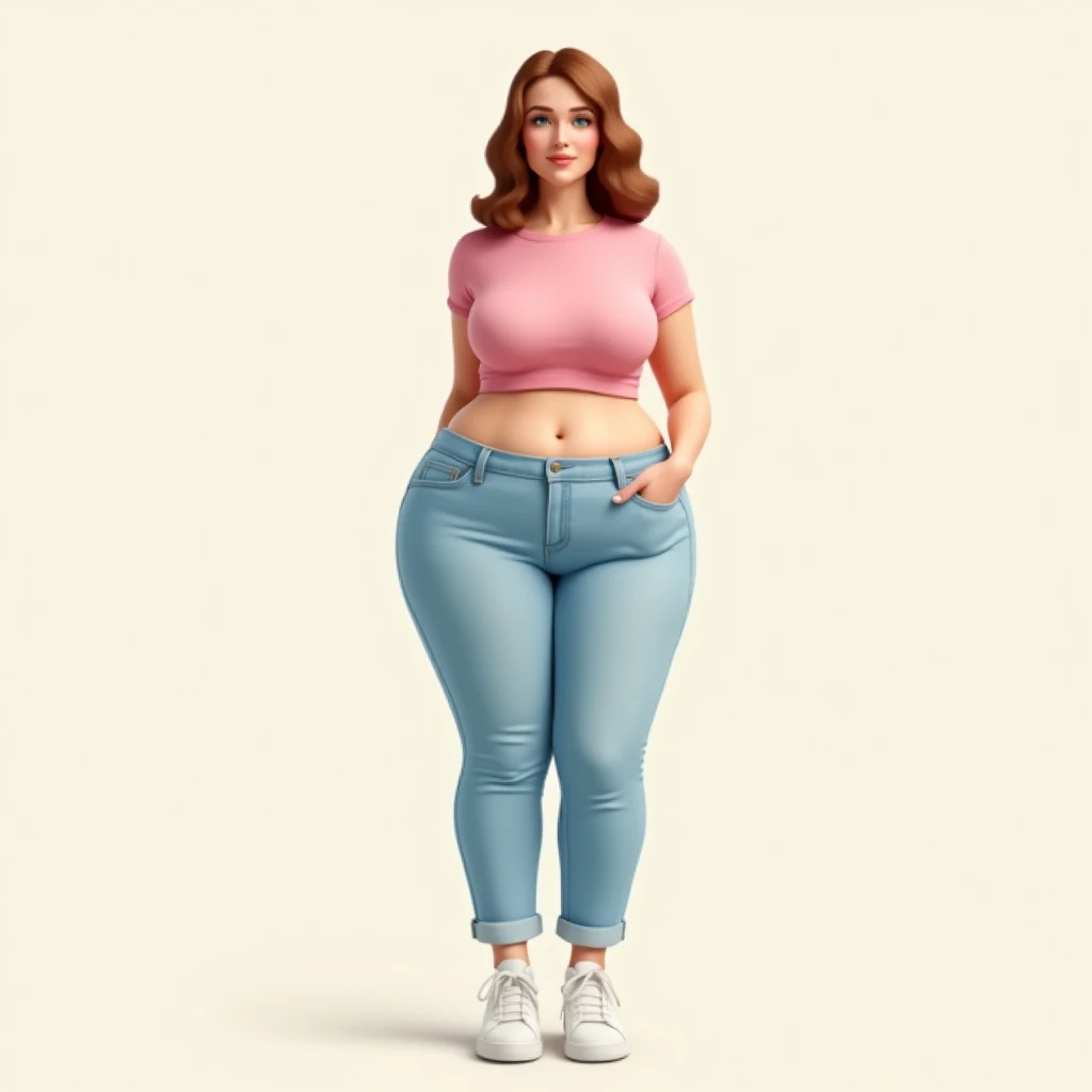 Image captured with a Sony α7 III camera, full body shot, an narrow waist, wide hips, and a full bust. The proportions are highly stylized, with a sharp contrast between the tiny waist and the expansive curves of the hips and chest, young European woman early 20's, straight jeans in light Blue color, fitted waist tee in pink color, standing, white shoes, creamy white background standing straight on the camera.