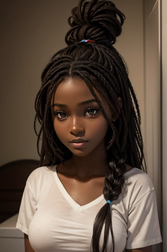 cute hair, chocolate skin, teenager, beautiful face, deep ebony, showing big breasts, SFW, sexy African 