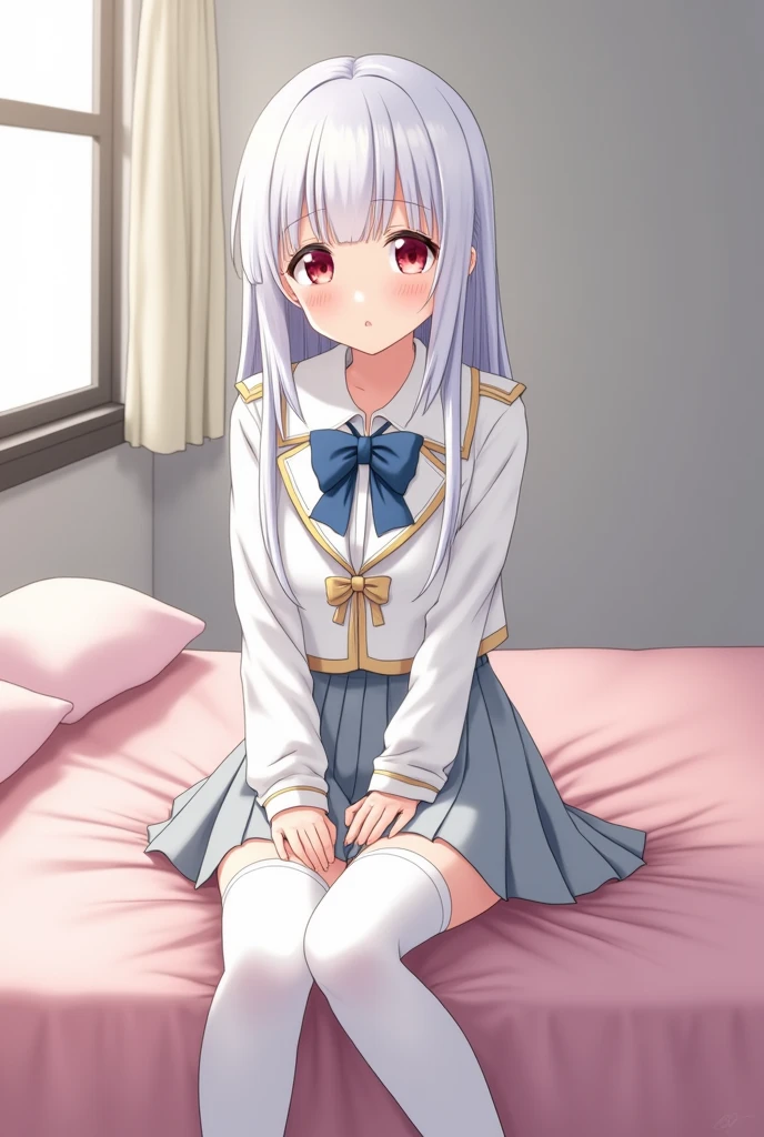 an anime girl, white skin with straight white hair down to the waist, with red eyes, in a school uniform consisting of a white shirt and above that a white jacket with gold and a blue ribbon tied to the collar of the shirt, thigh high stockings ,a blue skirt, Brown shoes, with a shy smile, sitting on her bed with pink sheets ,the grey back wall and a window 