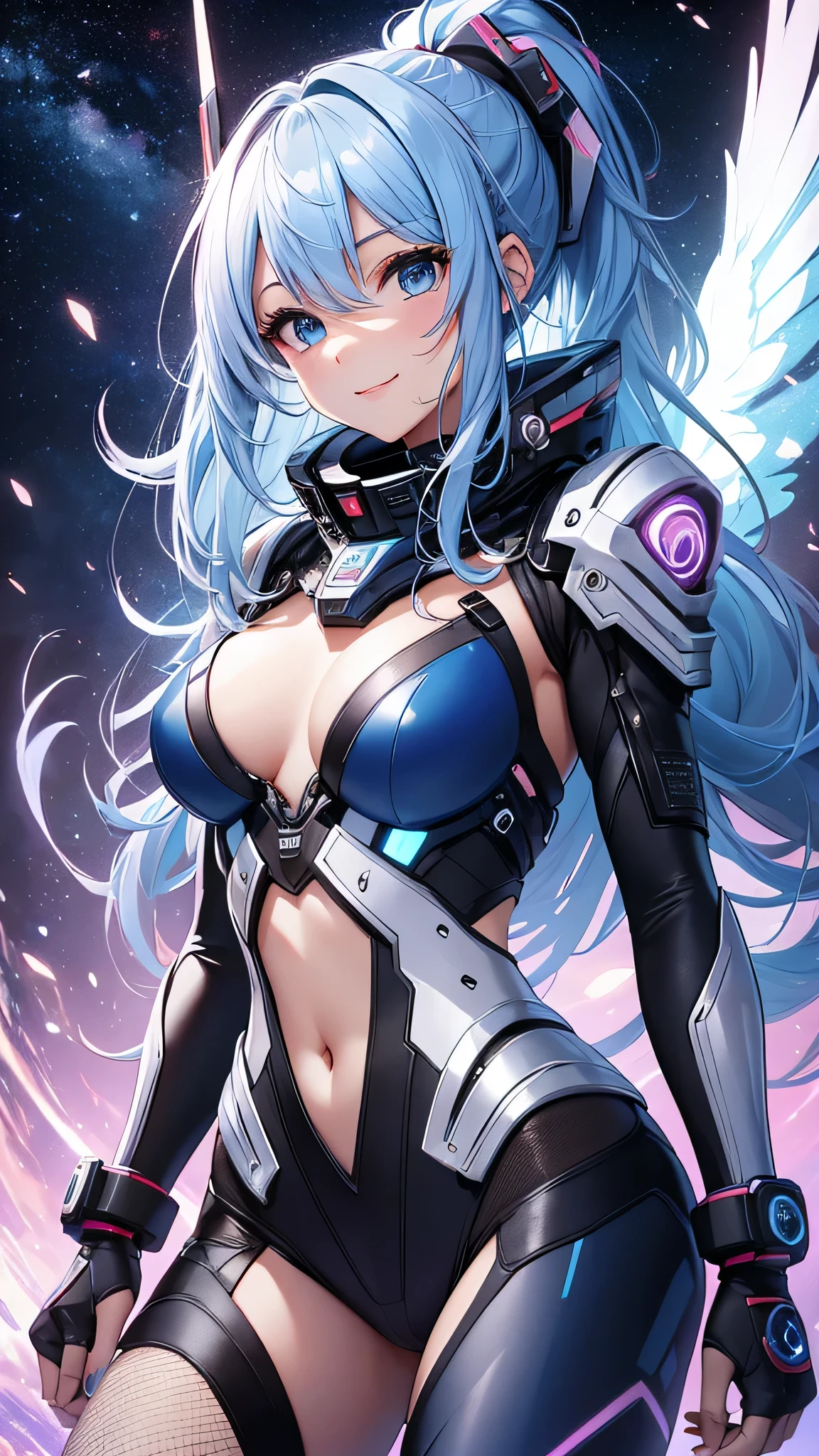 light particles, halo, (bioluminescent:0.95), bioluminescent, piercing glare, vibrant, (((colourful))), color, (glowing, glow), reflection light, depth of field, from behind, multiple views, delicated best quality, (((masterpiece))), ((best quality)), ((ultra-detailed)), (CG illustration), (an extremely devious and beautiful)), cinematic light, ((1 mechanical girl)), (white, blue hair), (short hair), (green eyes), (purple lips), (absurdly large silver robe), single, full, mechanical halo,star halo,intricate mechanical bodysuit, mecha corset, (full armor: yalow and white), (machine-made joints: 1.4), ((mechanical limbs)), ( blood vessels attached to the tube), ((mechanical spine attached to the back)), ((mechanical cervical vertebrae attached to the neck), ((combat stance)), expressionless, (wires and cables attached to the head and body: 1.5), (character focus), science fiction, apocalypse, glow, (full shoot body:1.1), looking at viewer