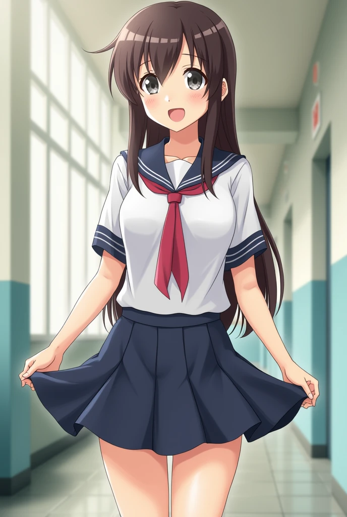 A high school girl wore a short skirt for a while, then she took off her underwear while still wearing the skirt., She started lifting her skirt to show everyone inside.