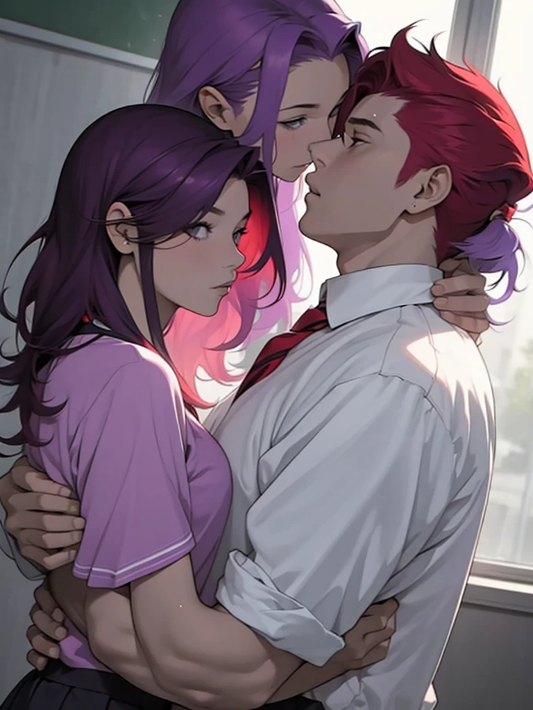 Guy with red hair. Girl with purple hair. . girl with long hair. kiss. school. high school uniform. school. evening . A guy with short hair. The guy ran his hand through the girl's hair. Girl kisses guy. Guy slowly undresses. school classroom. Shirtless Guy. naked torso. girl wearing school uniform. Guy without a t-shirt. dressed girl. Girl kisses guy. Guy with red hair. Girl purple hair. Passion. Love. Attention to detail. high image quality