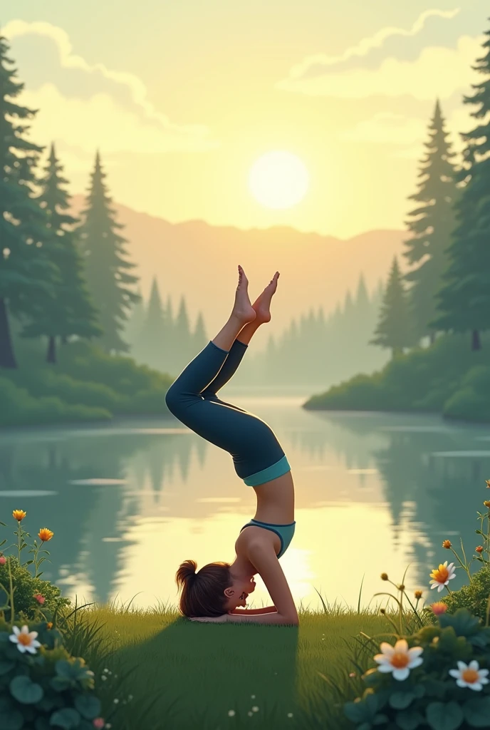 Create a serene digital illustration of a yogi in the 'Watch Facing Dog' pose (also known as Downward-Facing Dog). Imagine the scene set in a tranquil, natural environment at dawn. The yogi is positioned on a grassy platform overlooking a calm, reflective lake. The sky is painted in soft hues of early morning, with the first light of the sun casting a warm, golden glow over the landscape. The yogi's body forms a strong, graceful triangle, with their hands firmly planted on the ground and their feet grounded, stretching towards the horizon. Their gaze is softly focused downwards, as if watching their reflection in the still water below. Surrounding the yogi, the environment is lush with greenery, and a few delicate flowers bloom nearby, adding a touch of color. The overall atmosphere should evoke a sense of peace, balance, and connection with nature