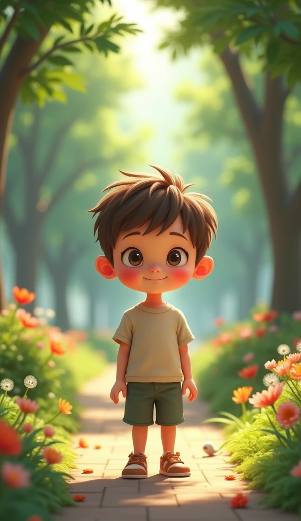 create a small cute boy standing straight in the park