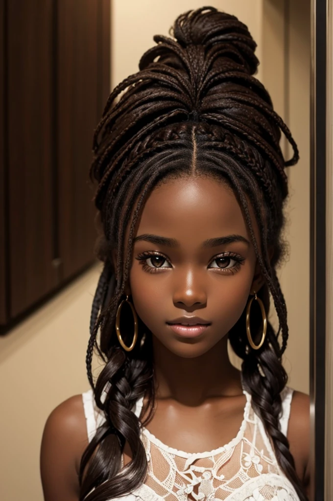 cute hair, chocolate skin, ager, beautiful face, deep chocolate skin, showing big breasts, SFW