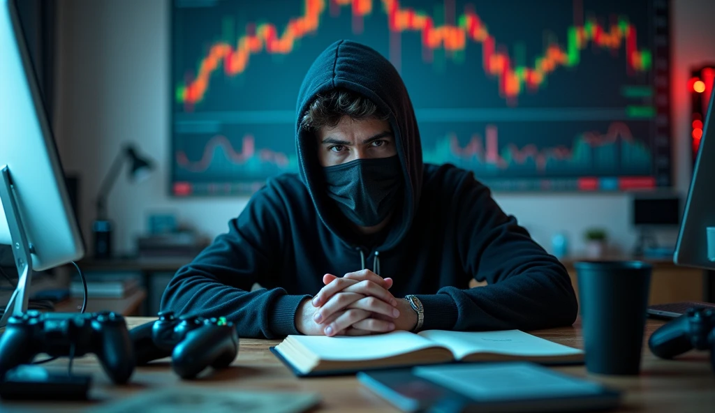 A photo of a man wearing a mask , sitting at a table. The table has a laptop, a book, and a cup. The background contains a stock market screen, anime posters, and gaming controllers. Eye contact with viewer