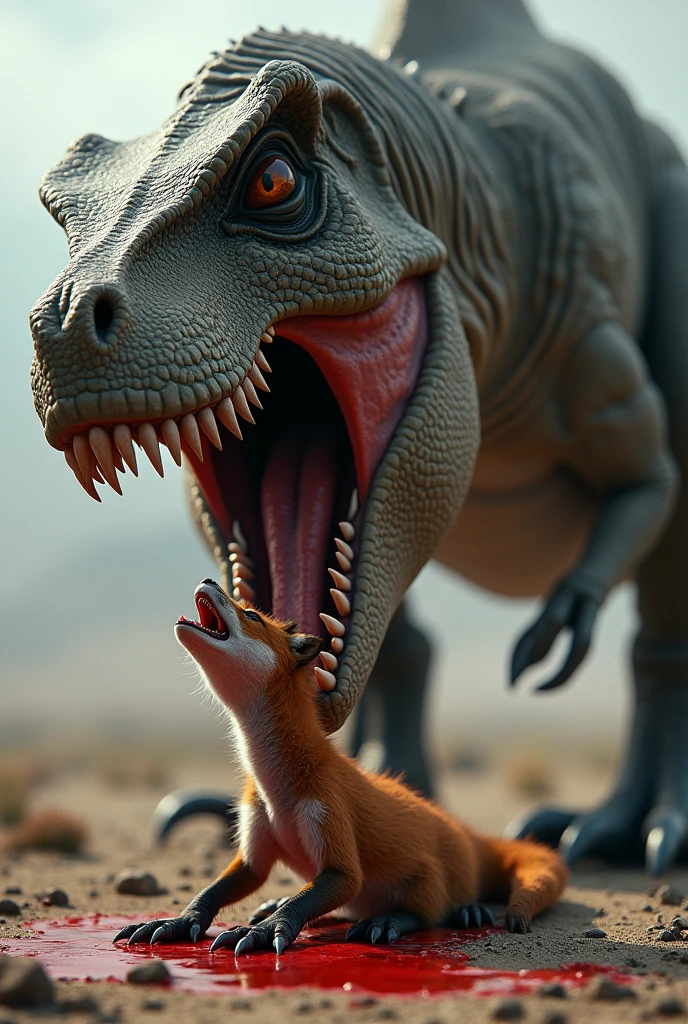 Un dinosaure qui mange un bébé renard en pleure