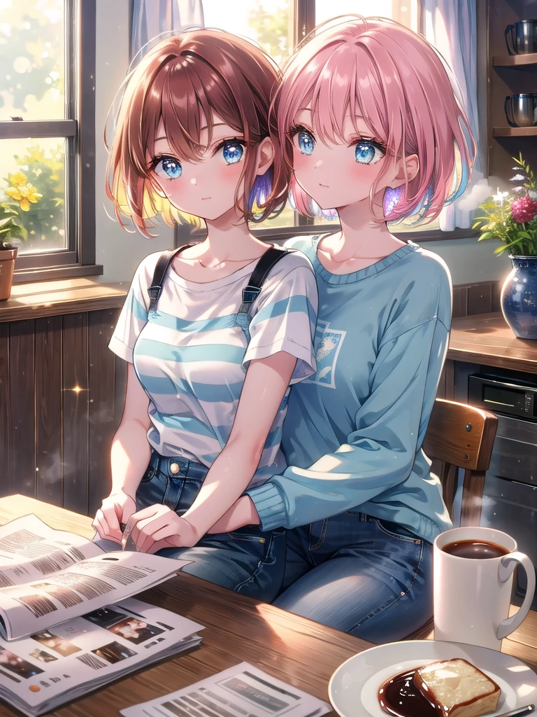 ((8k, Highest quality, masterpiece: 1.3)),Ultra-high resolution,(1 girl, alone), (Color changing eyes, Ultra-detailed, Expressive brilliance, Glitter, Glowing Eyes), Highly detailed eyes, Highly detailed face, Random Hair, ((pastel colour))The woman, with short, bob-cut auburn hair, is sitting at the kitchen table, enjoying a quiet moment of coffee with her partner. She’s dressed in a simple, striped T-shirt and jeans, her expression peaceful and content. Her blue eyes meet the camera with a soft smile, as if inviting the viewer to share the calm morning with them. The kitchen is filled with the soft glow of morning light, and the table is set with two steaming cups of coffee and a newspaper, adding to the peaceful, shared moment.