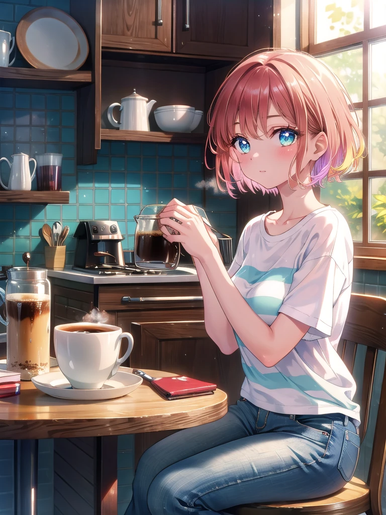 ((8k, Highest quality, masterpiece: 1.3)),Ultra-high resolution,(1 girl, alone), (Color changing eyes, Ultra-detailed, Expressive brilliance, Glitter, Glowing Eyes), Highly detailed eyes, Highly detailed face, Random Hair, ((pastel colour))The woman, with short, bob-cut auburn hair, is sitting at the kitchen table, enjoying a quiet moment of coffee with her partner. She’s dressed in a simple, striped T-shirt and jeans, her expression peaceful and content. Her blue eyes meet the camera with a soft smile, as if inviting the viewer to share the calm morning with them. The kitchen is filled with the soft glow of morning light, and the table is set with two steaming cups of coffee and a newspaper, adding to the peaceful, shared moment.