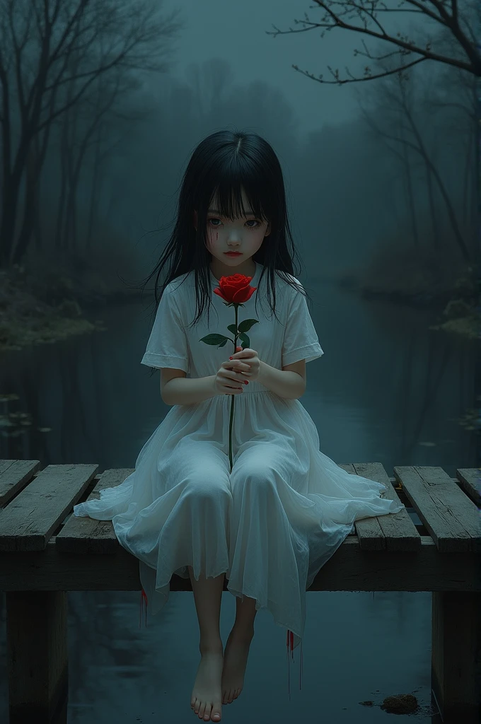 Cute girl crying, sitting on a bridge with blood on her hands, holding a rose, wearing a white dress, at night.