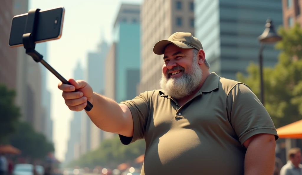 There is a shadow、A man is smiling and holding a selfie stick、The man is wearing a cap、The man is fat、The tip of the selfie stick is attached to a smartphone、The background is a cityscape