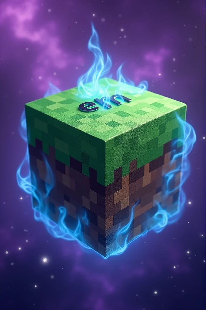 Make a Minecraft Grass block that in space the space must be purple and in the middle of the grass block write the word EM and under the words EM write Echo Realm And around the grassblock must have a little blue fire blowing