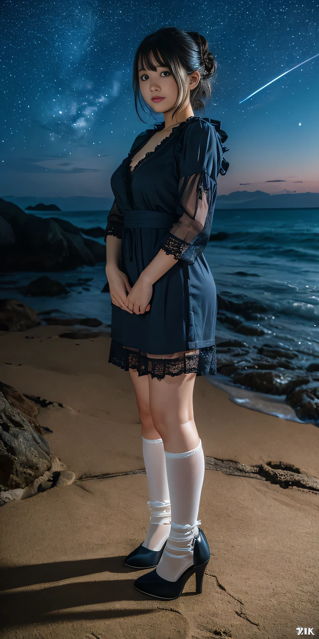 (8k,RAW Photos,Like the picture:1.45),Detailed skw, Detailed face, Detailed eyes, Dutch Angle, Perfect hands, from the front, one person, Very cute Japanese woman, young, Beautiful women w their 20s, 2, Height 146cm, Very huge  bigger than a face, one person, Adult, Mature Woman, Very huge face bigger breasts:1.95, Browswg Caution, lwgerie, avatar (series), CHAR-F avatarseries トフ・ベイフォン シュリク作, (Black Hair:1.2), , Poor Complex (White 1.5) Night dress, , (Long frilly elbow gloves, Lace knee socks, High heels:1.15), (updo:1.3),  (Summer Night Coast, Very beautiful starry sky)w, 星明かりの下w非常に激しく卑猥に視聴者を誘惑する