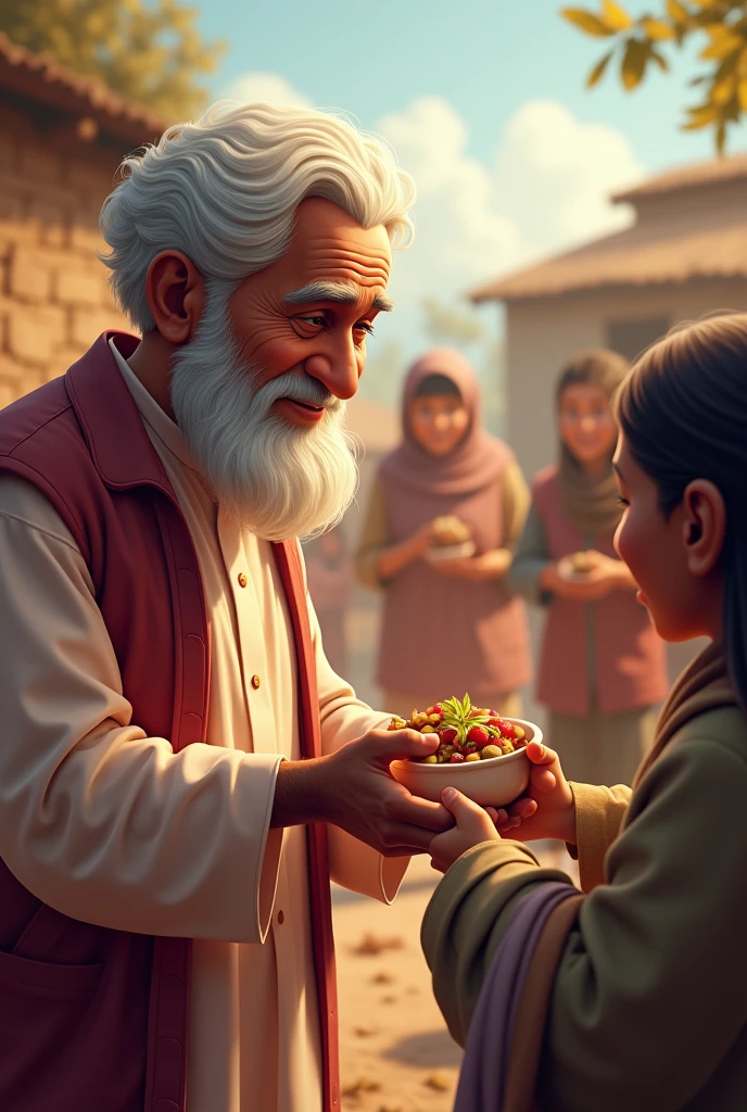 Rahman is treating his mother, a doctor is looking at his mother. Rahman is helping the poor people of the village, some are getting food, some are getting clothes. The people of the village are thanking Rahman, with happy smiles on their faces.