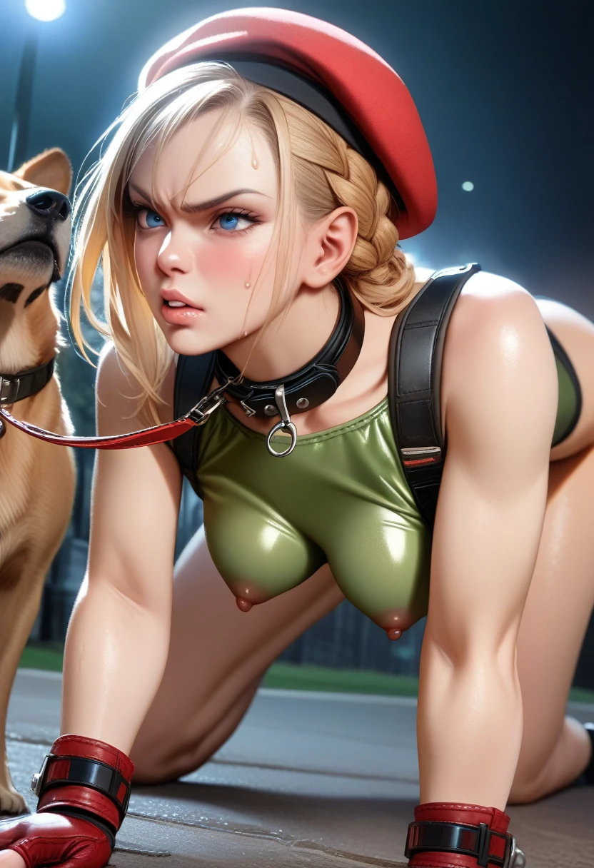 Cammy,blue eyes, blonde hair, braid, red fingerless gloves, leotard, lips, muscular, beret, highleg, scar, red headwear, scar on face, highleg leotard, camouflage, harness, thong leotard, green leotard, chest harness,metal dog collar with leash,perfect hands, perfect finger,perfect anatomy, masterpiece, best quality,realistic, hyperrealistic, 16k hdr,1girl, medium breasts,erected nipples, outdoor,night,park,,(all fours),sweat,(red blush,angry:1.2)