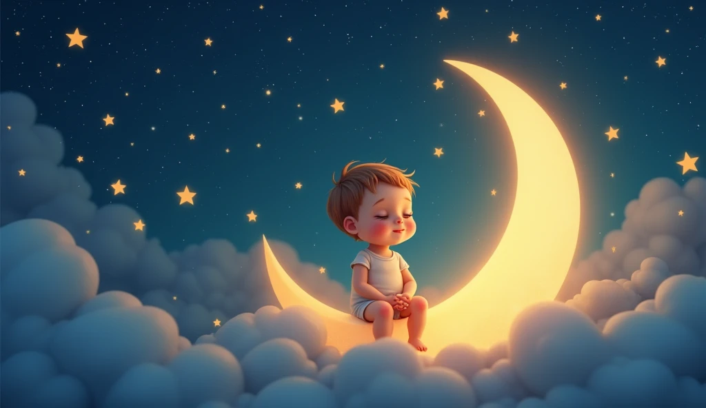 a child listens to a lullaby and sits tenderly on a crescent moon in a fairytale space, and there are many stars around, cartoon child sleeps with eyes closed