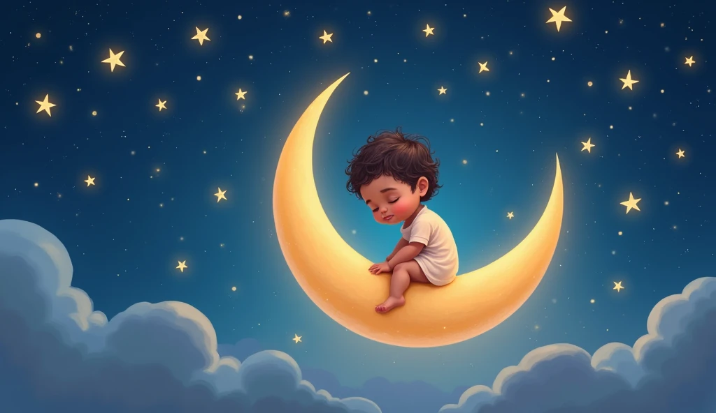 a child listens to a lullaby and sits tenderly on a crescent moon in a fairytale space, and there are many stars around, cartoon child sleeps with eyes closed