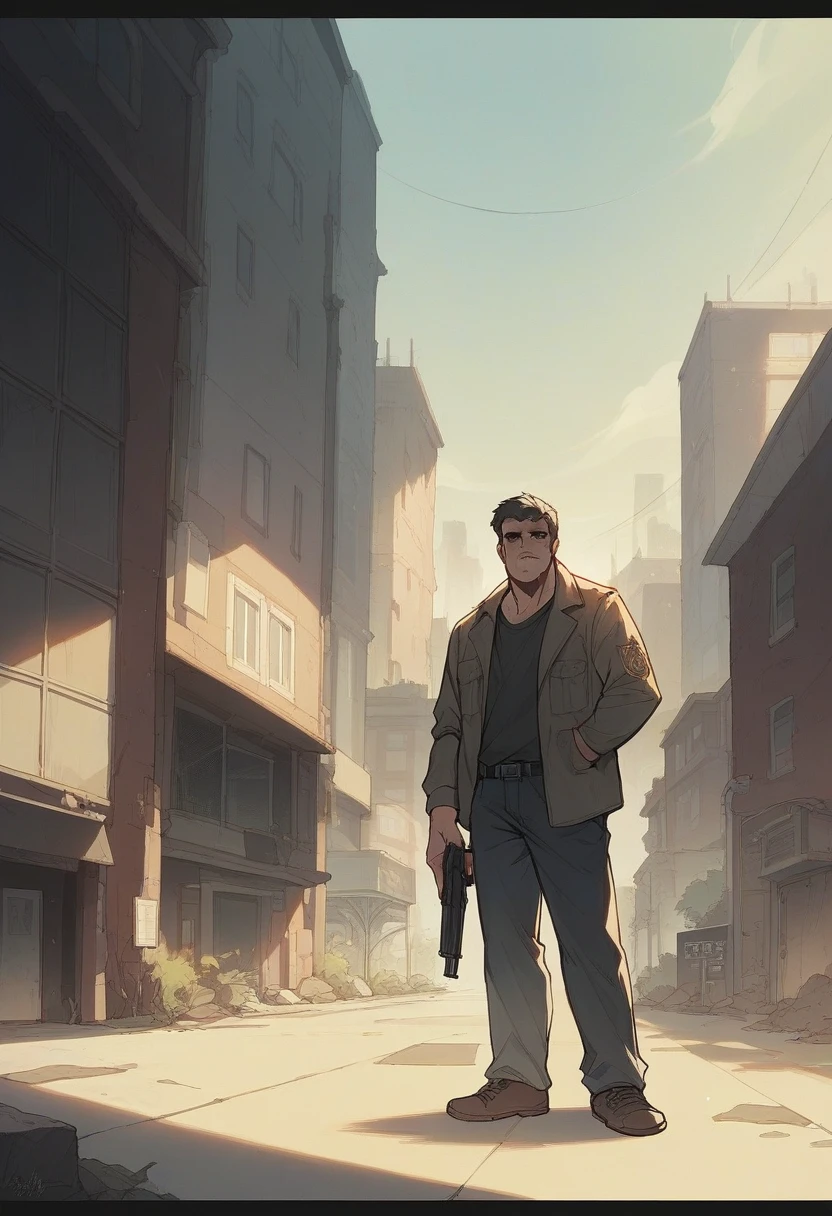 A thumbnail of youtube about game max payne 3. Max payne dressed like jhon wick and holding a gun .background is dark brazilian building. Gunshot lighting visible