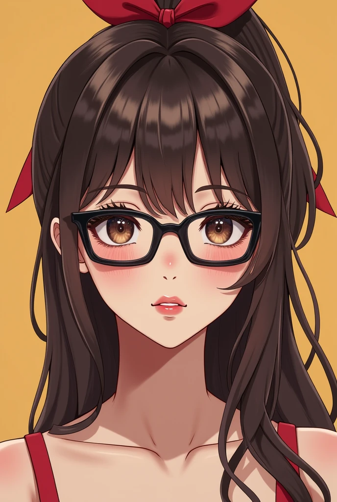 Masterpiece、Super fine、Long straight hair in a loose half ponytail、One person adorned with a red ribbon,Side fringe,Brown Hair,Dark brown eyes,the presence of freckles on the cheeks,Sunburned skin, Chubby Cheeks,Thin legs,Medium sized butt,Small breasts,Thick lips,Small Mouth,Square face, Narrow waist, Rectangular black glasses 