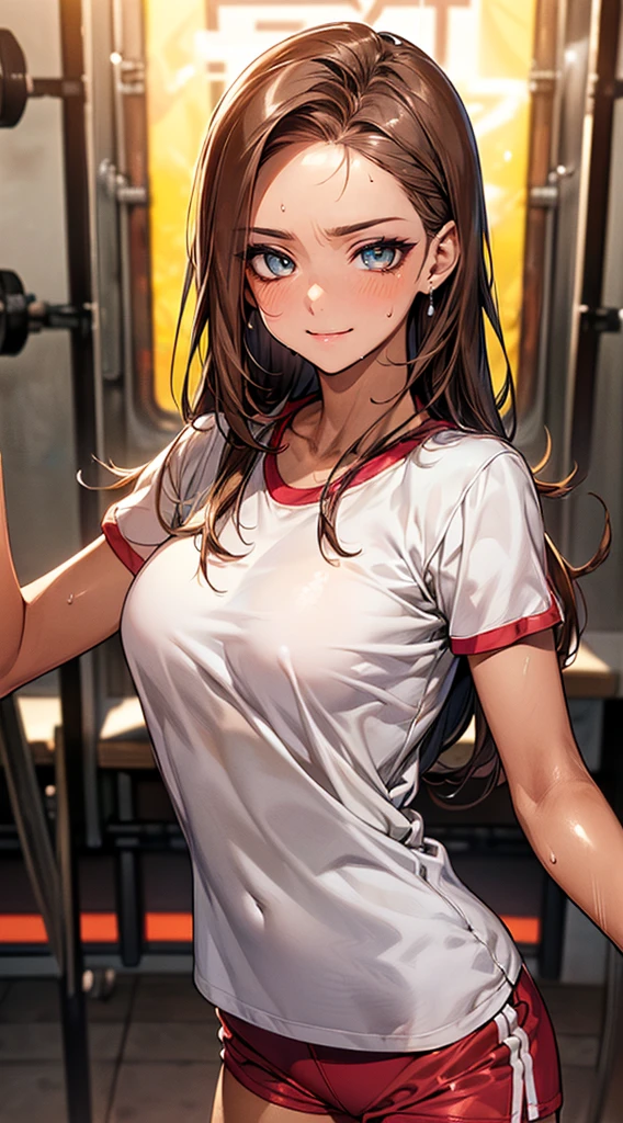 ((perfect ???????:1.2,real,:1.3,RAW photo:1.3,masterpiece,top quality,super quality,high resolution,high definition CG,8K)),cowboy shot,1 female,solo,20 year old beauty, ((beautiful detailed face and eyes,big gorgeous eyes)), brown eyes,smiling,(brown hair,long hair,.forehead, center parting: 1.2, straight hair)),(medium build, large breasts, slender body, tanned skin, glowing skin, oily skin, shiny skin, sweat: 1.4),(light gray t-shirt, light gray sweat shorts,), dancing, dancing practice, turning body to viewer, gym hall, large breasts,