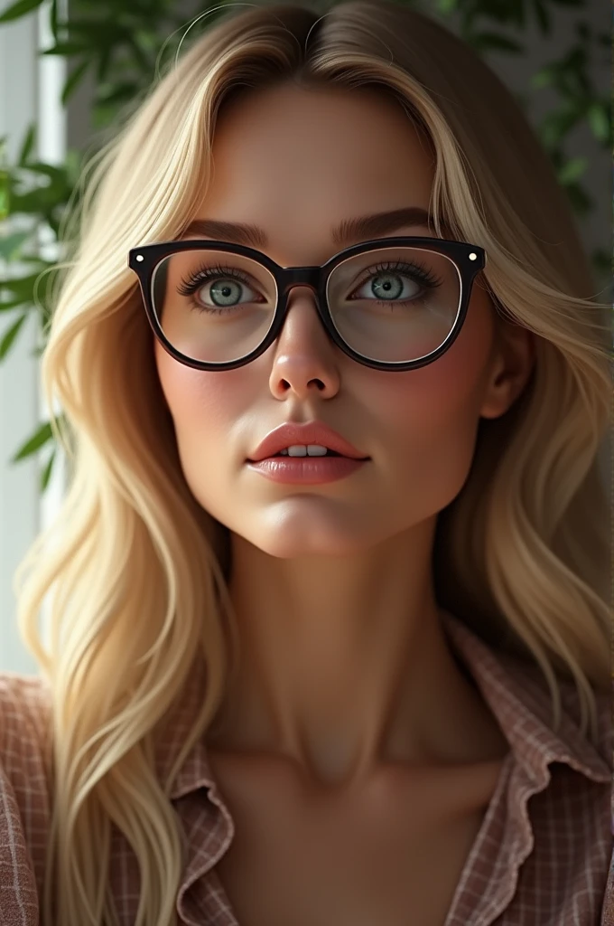 Woman with long blonde hair and glasses 