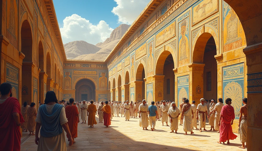 Illustrate the cultural interaction between the (((Minoans and the Egyptians2))), showing frescoes of (((Minoan style in Avaris2))). Capture um [scenario where merchants exchange products2] and ideas, highlighting the artistic influence and commercial connections between the two civilizations.