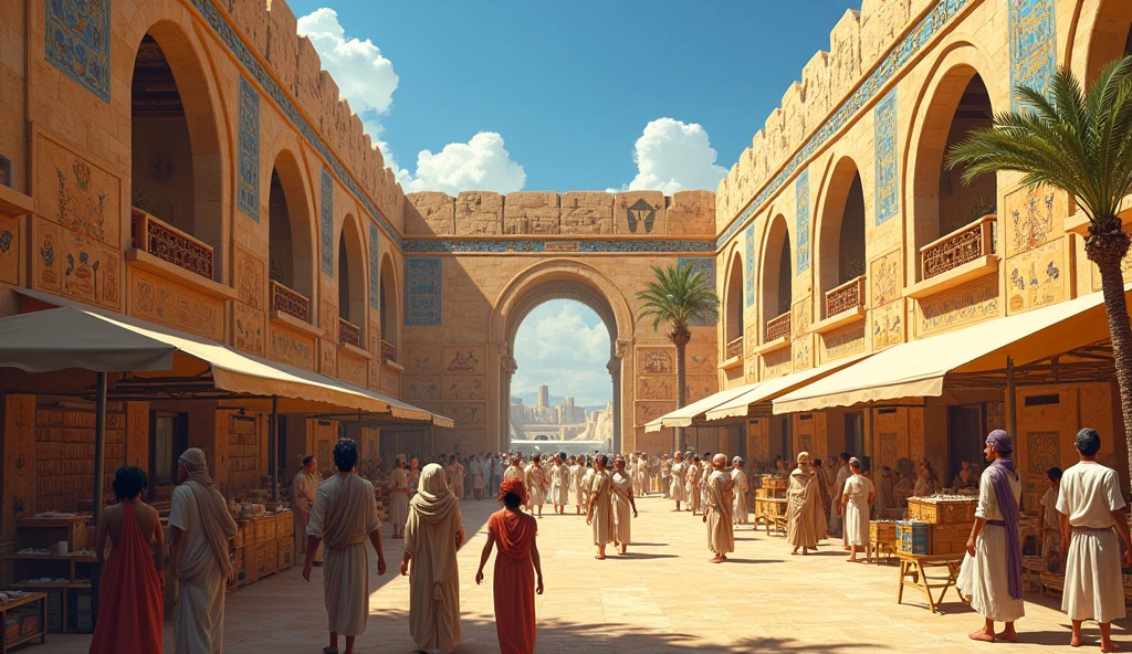 Illustrate the cultural interaction between the (((Minoans and the Egyptians2))), showing frescoes of (((Minoan style in Avaris2))). Capture um [scenario where merchants exchange products2] and ideas, highlighting the artistic influence and commercial connections between the two civilizations.