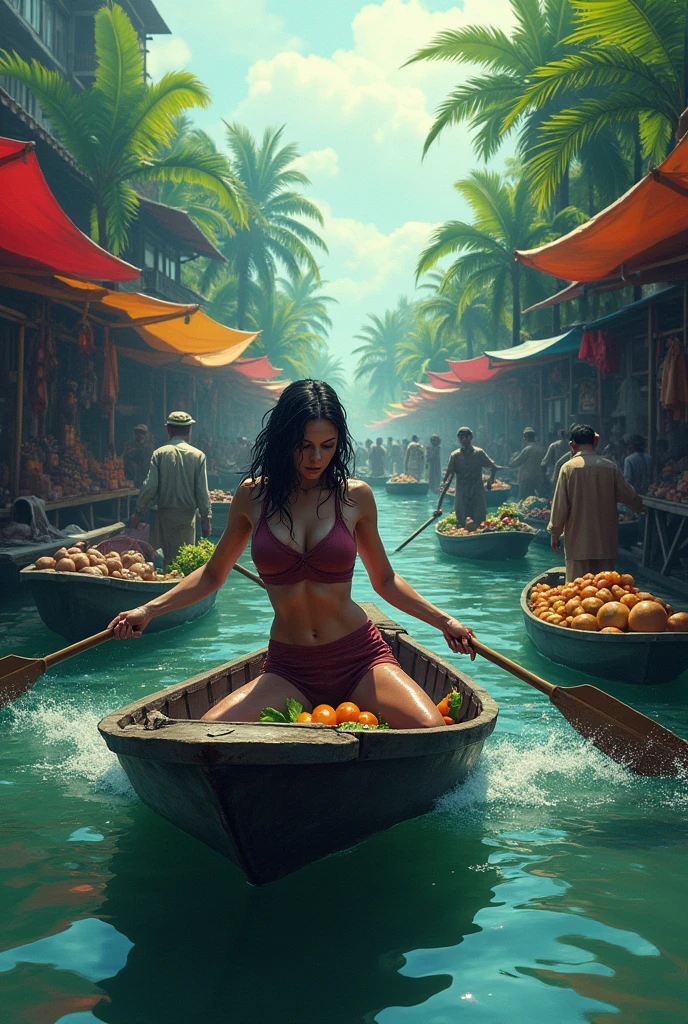 
Zombies are invading the world in Thailand. A woman is rowing a boat to escape the zombies that are swimming after her in a floating market in Thailand.