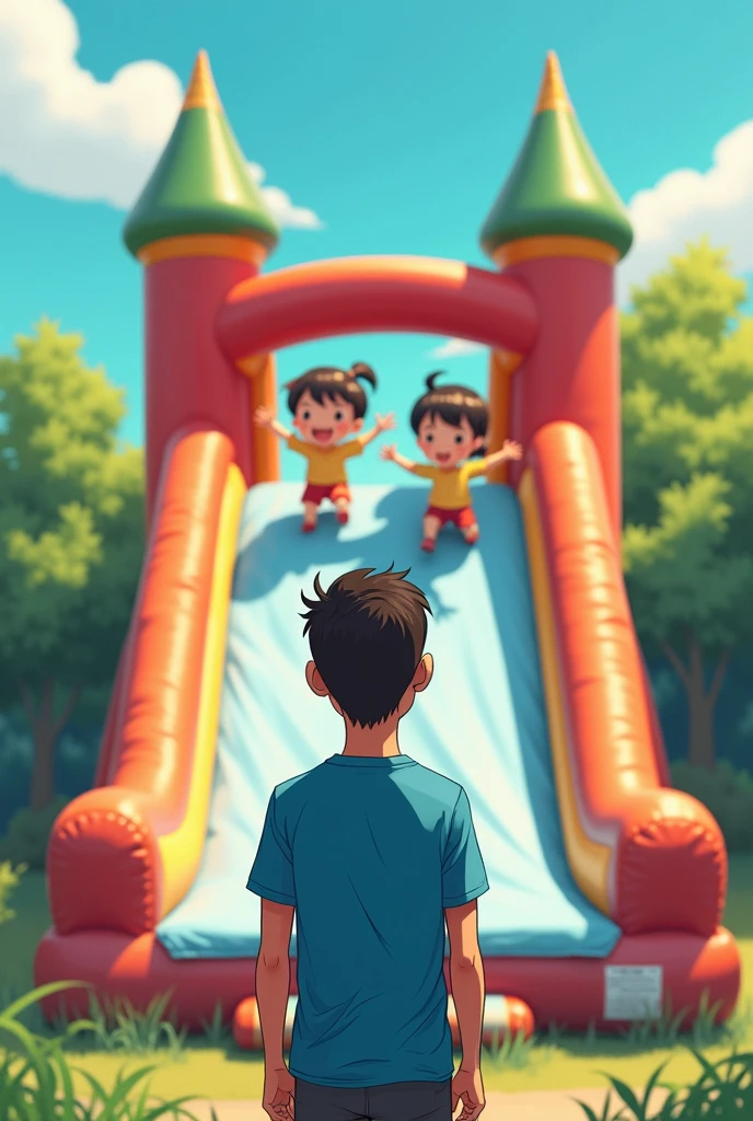 Children playing in their decent clothes on a bounce house with a slide, where everything is very safe for everyone and there is a 3 adult, that he has a beard and mustache closed on his thin face, very short hair under black cap, glasses, blue T-shirt. It looks like a 2d Japanese anime drawing. But the man looks thin, great in front as if saying these I will lead you to fun. But his heroic face