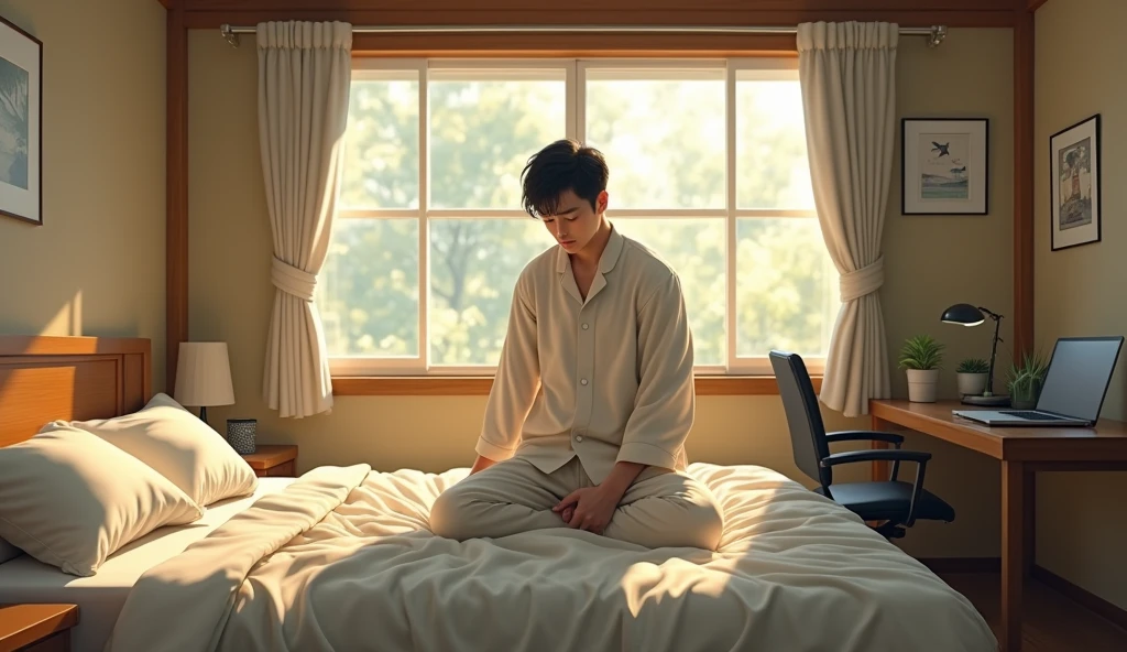 A Japanese salaryman waking up in a bedroom. The scene is realistic, with morning light streaming into the room. The salaryman is not wearing a suit but casual pajamas or loungewear as he wakes up. The background features a simple Japanese-style bedroom with a natural, lived-in feel