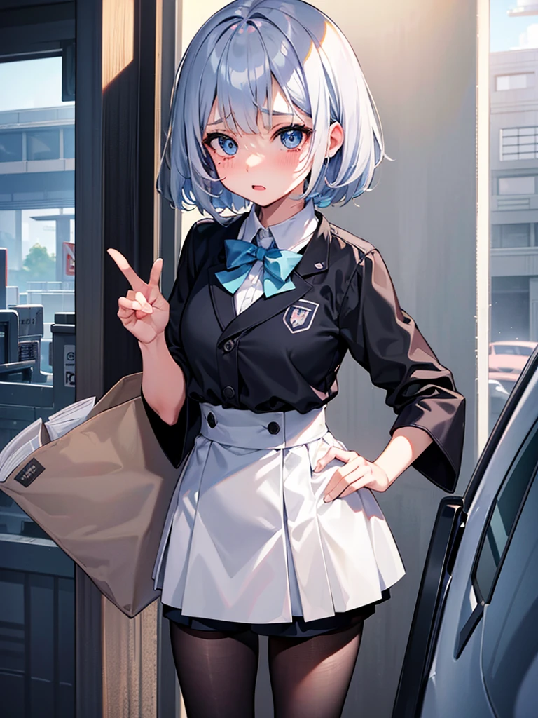 solo, Female, Manga, Japanese, Anime, Pastel, silver hair, short cut,  high school girl, uniform, ((tareme)), big eyes, with tears in eyes, black iris, light blue eye,